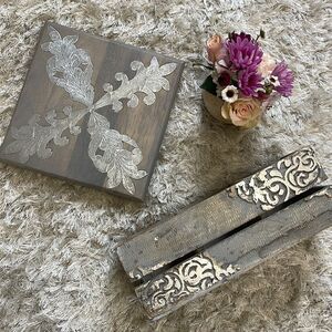 Set of (2) Gray Wooden Made in India Home Goods Metallic Pieces